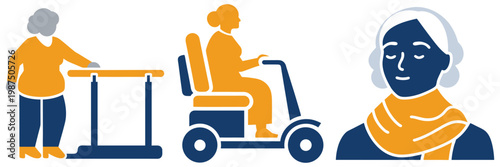 Three illustrations depicting diverse older women using mobility aids like parallel bars, a mobility scooter, and a scarf.