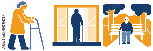 Woman with walker device, silhouette man in doorway, old man sitting on park bench reading book.