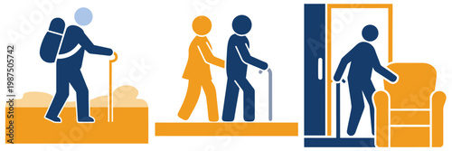 Person hiking with backpack and poles, elderly person assisted by caregiver, person exiting doorway with cane.