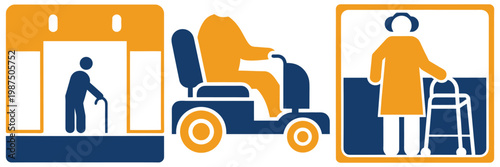 Man with cane in building, person driving mobility scooter, woman with walker.