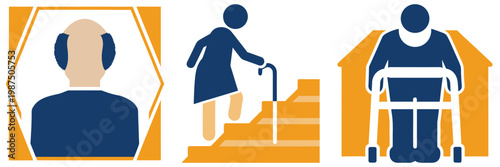 Back of bald man's head, woman climbing stairs with cane, person using walker indoors.