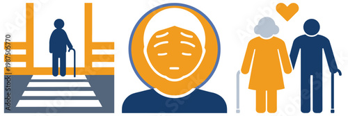 Diverse senior citizens engaged in various life stages from seeking assistance to enjoying social gatherings and companionship.