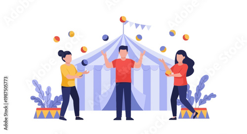 Joyful Circus Performers Celebrating Under Big Tent