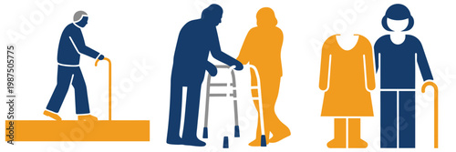 Elderly couple enjoying leisurely activities like walking dancing and drinking tea representing senior lifestyle and community engagement.