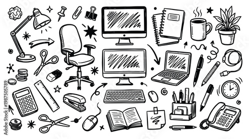 Online dating doodle illustrations showcase office workspace setup with technology