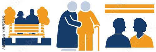 Senior individuals participating in different activities like relaxing on bench receiving help and sharing moments of togetherness.