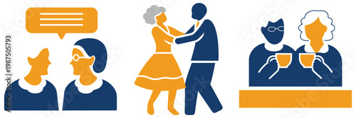 Elderly people communicating dancing and sharing coffee representing intergenerational connections and active retirement life.