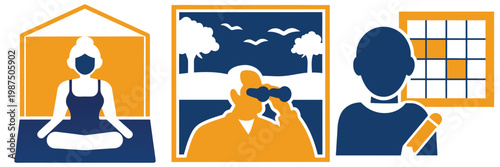 People engaged in various lifestyle activities leisure and professional pursuits and hobbies shown as icons in different settings.