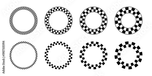 Set of round frames with black and white checkered borders. Circular vignettes with taxi or police, race flag or chessboard pattern. Simple geometric frameworks. Vector graphic illistration