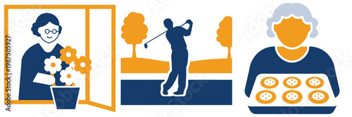 Senior citizens enjoying hobbies like gardening golfing and baking conveying active and fulfilling retirement lifestyles.