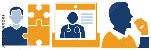 Concepts of medical care personal health and illness represented by jigsaw puzzle doctor appointment and coughing man.