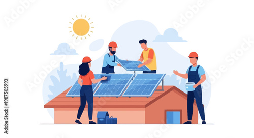 Group of Workers Installing Solar Panels on Rooftop