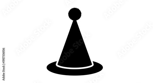 A black party hat depicted in a striking simple silhouette