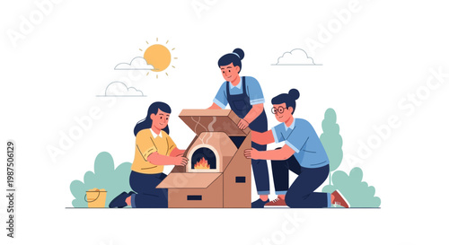 Family Cooking Outdoors at Barbecue Grill in Garden