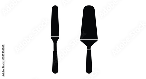 Black cake server and knife minimalist design on transparent background silhouette
