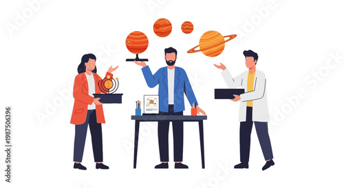 Scientists Exploring Space with Planet and Satellite Models in Laboratory