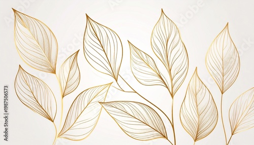Elegant botanical line art depicts gold outline leaves in a minimalist luxury setting.