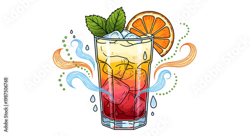 Tropical Cocktail Drink Illustration with Orange Slice and Mint Leaves, Refreshing Summer Mocktail Glass with Ice Cubes, Colorful Beverage Graphic for Bar and Cafe Menu