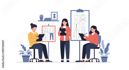 Fashion Designer Working in Studio with Clothing Sketches and Displays