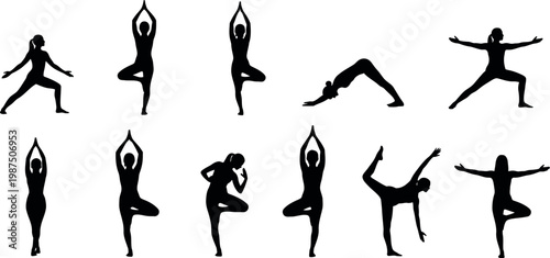 A group of women doing different yoga poses