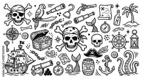 Pirates on an adventure treasure hunt doodle illustration with various pirate themed objects