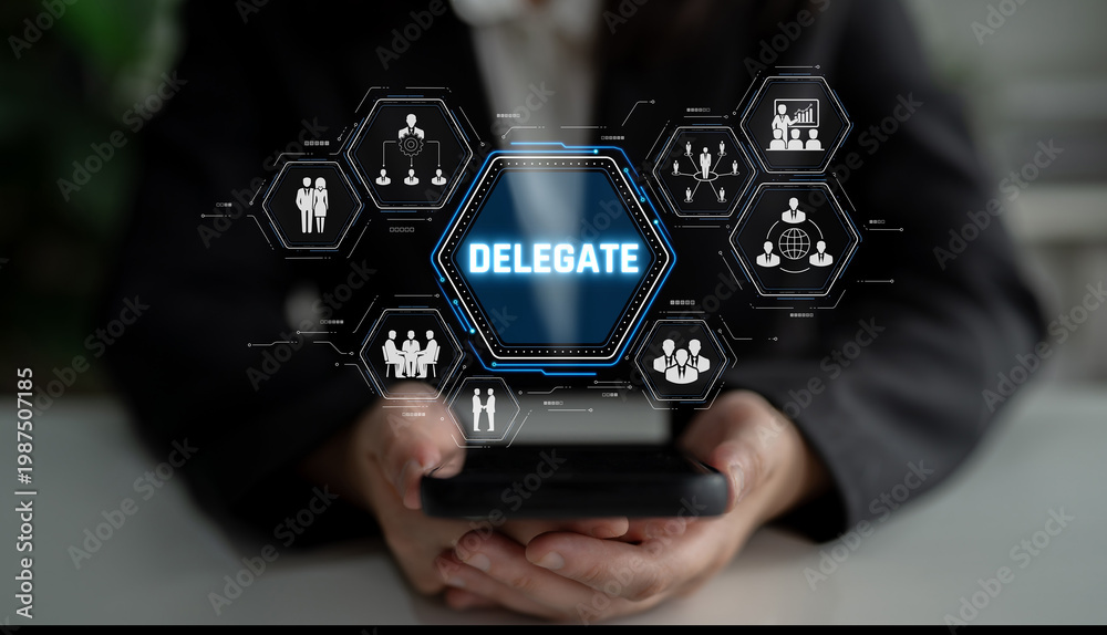 Naklejka premium Person Holding Smartphone with Delegate Concept Displayed on Screen, Showcasing Teamwork and Collaboration in Modern Business Environment Sigmoid
