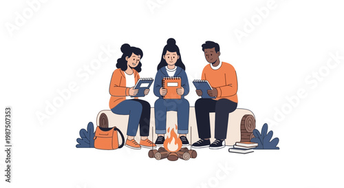 Group of Friends Camping with Digital Devices Around Campfire