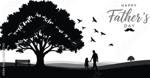 Touching father's day illustration dad child silhouette with tree birds