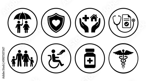 Social security and medical insurance round icons set with family and disability symbols