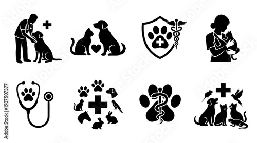 Veterinary medicine and pet care icons set with animal silhouettes and medical symbols
