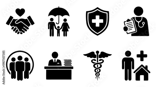 Medical and life insurance icons set with family protection and healthcare symbols