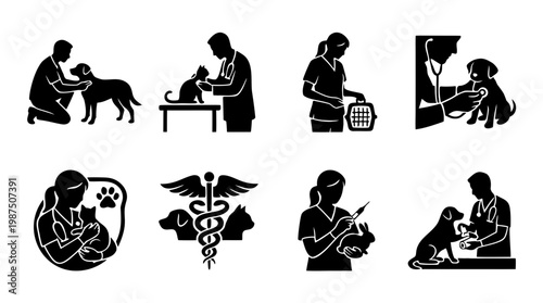 Veterinary clinic services icons set with doctor examining and treating pets