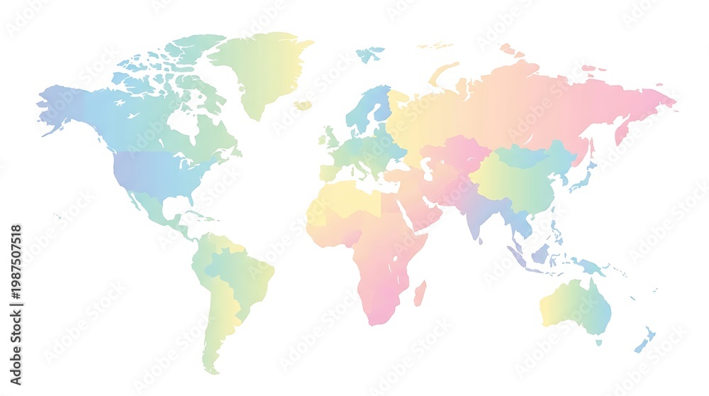 Fototapeta premium Pastel world map illustration, colorful global atlas silhouette, soft rainbow gradient earth map for educational posters and travel infographics