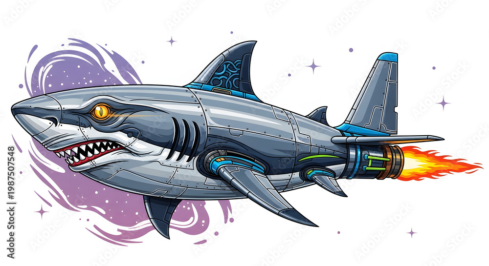 Fototapeta premium Futuristic metallic shark with glowing eyes and a jet engine blasting fire, soaring through a cosmic purple nebula, symbolizing technological advancement and aquatic power in a sci-fi setting