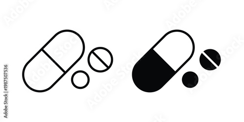 Pills icon vector graphic clipart and line art style set