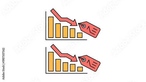 Financial market downward trend bar chart and price tag icon set with colored design for economic decline or discount sale concept for vector illustration graphic