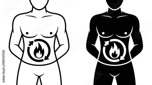 Human torso with metabolism fire icon inside circle representing weight loss or fat burning concept for fitness and health related vector illustration design