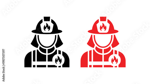 Firefighter or fire safety officer icon set featuring black and red silhouettes for emergency services and public safety design and professional graphic projects
