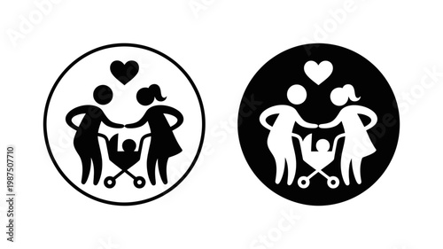 Couple with a baby in a stroller icon set featuring heart symbols for family life and parental love concepts