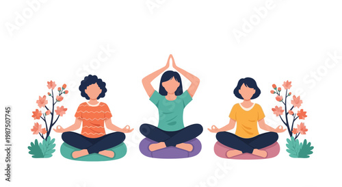 People Practicing Yoga Meditation in Nature with Flowers