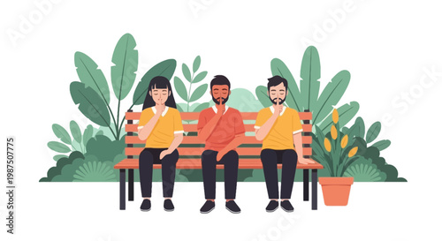 Diverse Group of People Sitting on a Park Bench in a Green Natural Setting