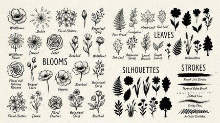 A flower brush vector set with doodled blooms, leaves, botanical silhouettes, and black ink stroke texture, natural artistic atmosphere, ultra-realistic, no logos.