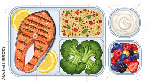 Healthy Food Prep Illustration with Grilled Fish and Broccoli, Meal Box Design with Fresh Strawberry and Raspberry, Balanced Diet NUTRITION Graphic for Wellness and Catering