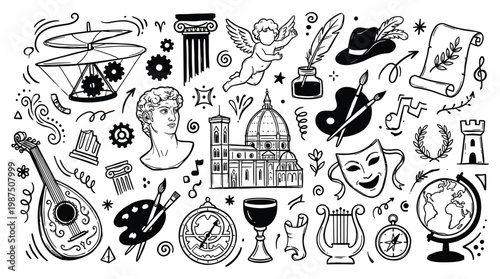 The doodle illustration showcases various art elements and cultural symbols.