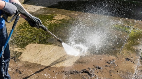 A powerful pressure washer blasting grime from an outdoor surface, water spray frozen midair, wet concrete textures, bright daylight, energetic cleaning transformation mood, ultra-realistic, no logos.