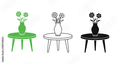 Flower vase icon set with three different colored tables and vases