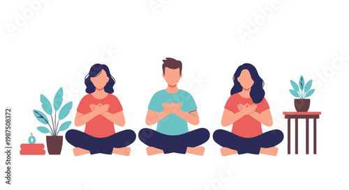 Illustration of Diverse People Practicing Meditation Sitting Cross-Legged