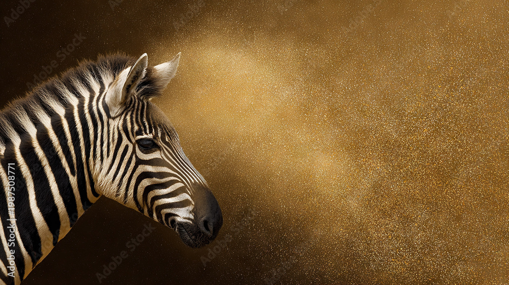 Fototapeta premium Close-up of a zebra's head with golden dust