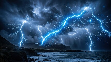 Electric blue lightning bolts illuminate the storm, flashing sparks and roaring charged energy creating a dramatic high-voltage overlay, ultra-realistic, no logos.