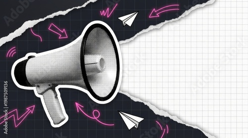 Trendy retro collage with megaphone and paper cut out space for announcing promotion. Vector loudspeaker with halftone elements. Creative Marketing Announcement Banner: with White Grid Copy Space